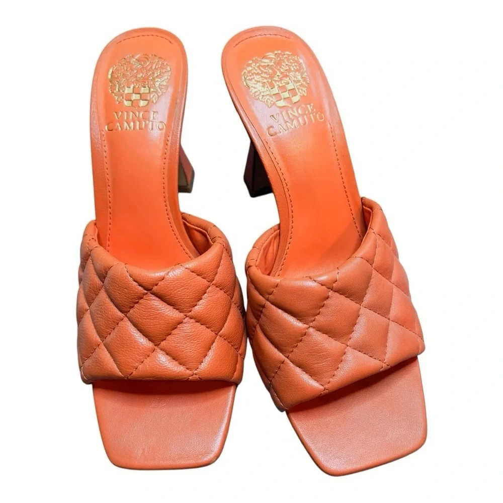 Vince Camuto Women's Orange Quilted Slide Sandals 4 Inch Heel Size 7